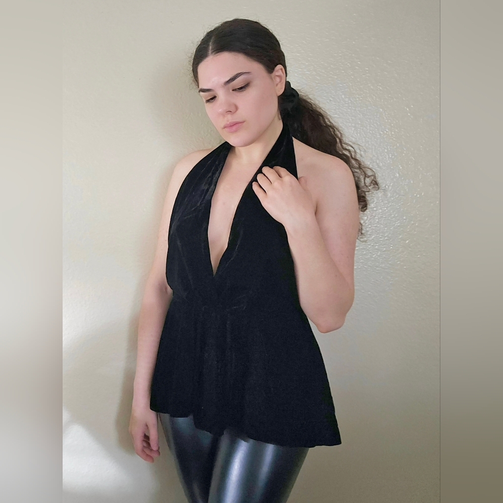 Free people black velvet deep v, low back top!